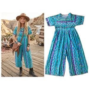 Laura Tyler Jumpsuit Womens L Teal Purple Geometric Cotton Wide Leg 90s Boho Art